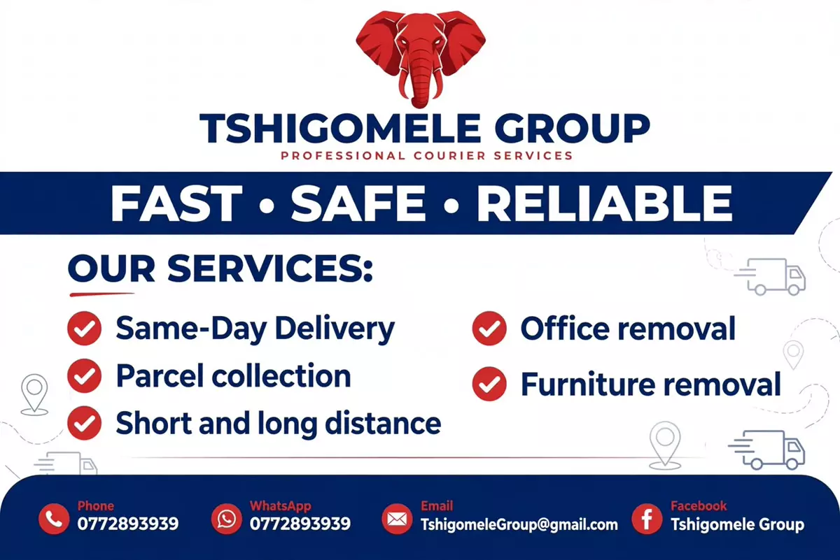 Tshigomele Group professional courier services flyer showing same-day delivery, parcel collection, short and long distance, office removal and furniture removal